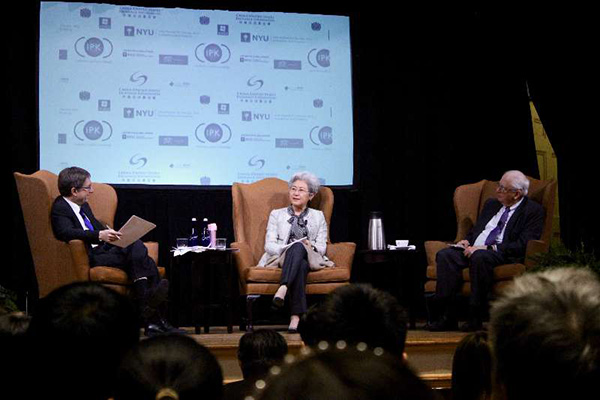 Fu Ying (middle) at a China-US forum on Thursday held by New York University (NYU) and the China-US Exchange Foundation at the NYU Law School.[Photo by Hezi Jiang with chinadaily.com.cn]