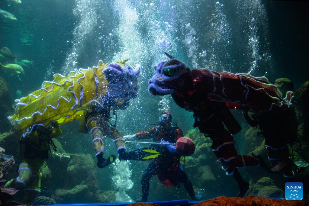 Divers perform lion dance under water to celebrate Chinese New Year in Jakarta, Indonesia