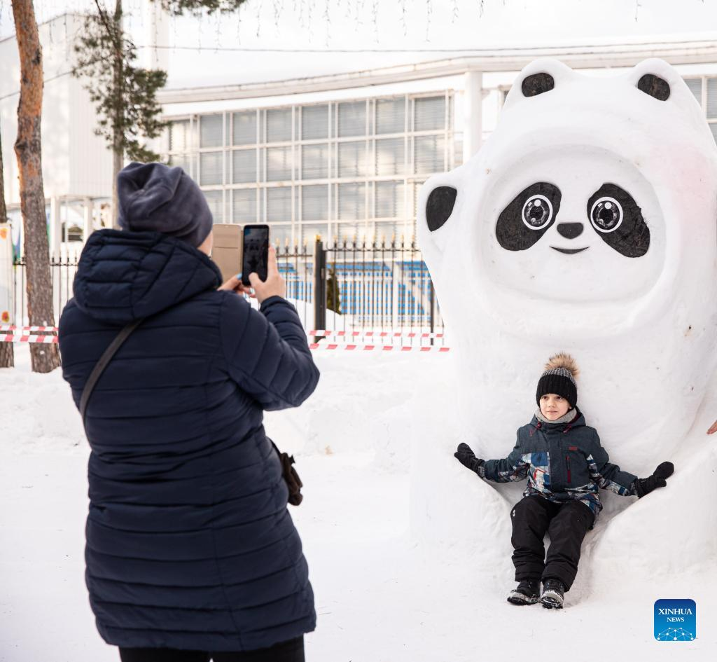 Snow sculpture of Bing Dwen Dwen seen in Moscow, Russia