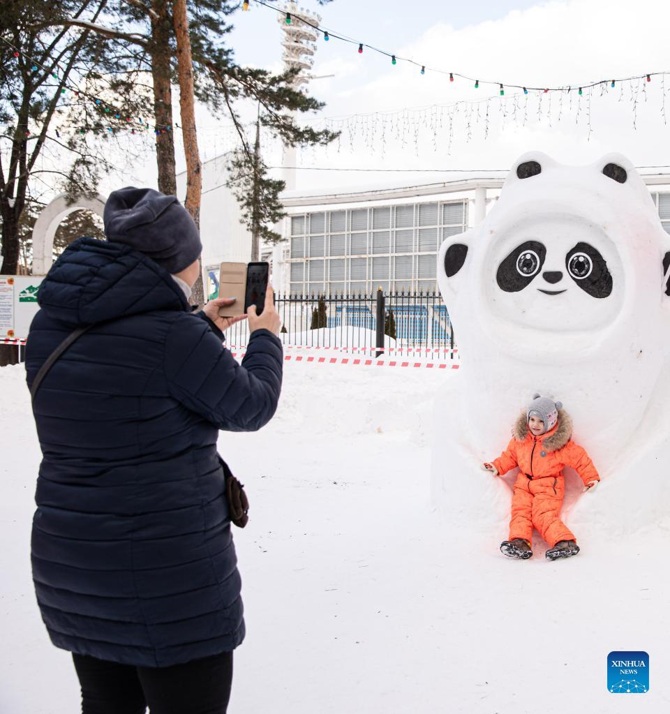 Snow sculpture of Bing Dwen Dwen seen in Moscow, Russia