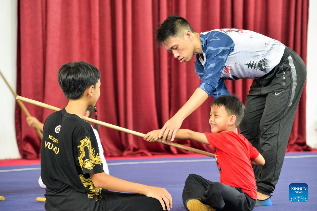 Children practice Chinese martial arts at Harmony Wushu Indonesia in Bogor