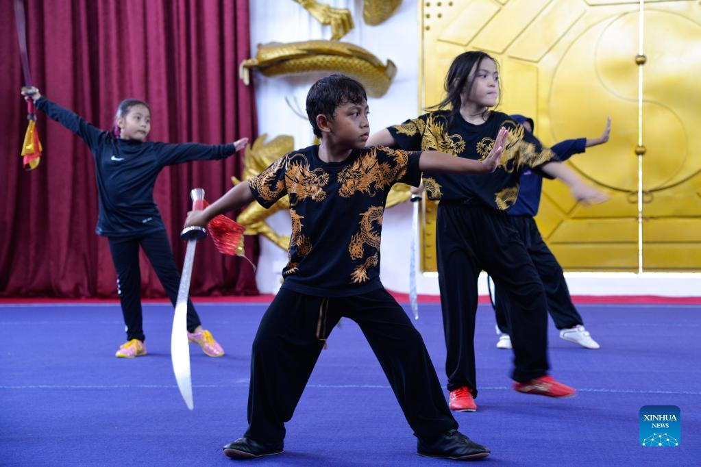 Children practice Chinese martial arts at Harmony Wushu Indonesia in Bogor